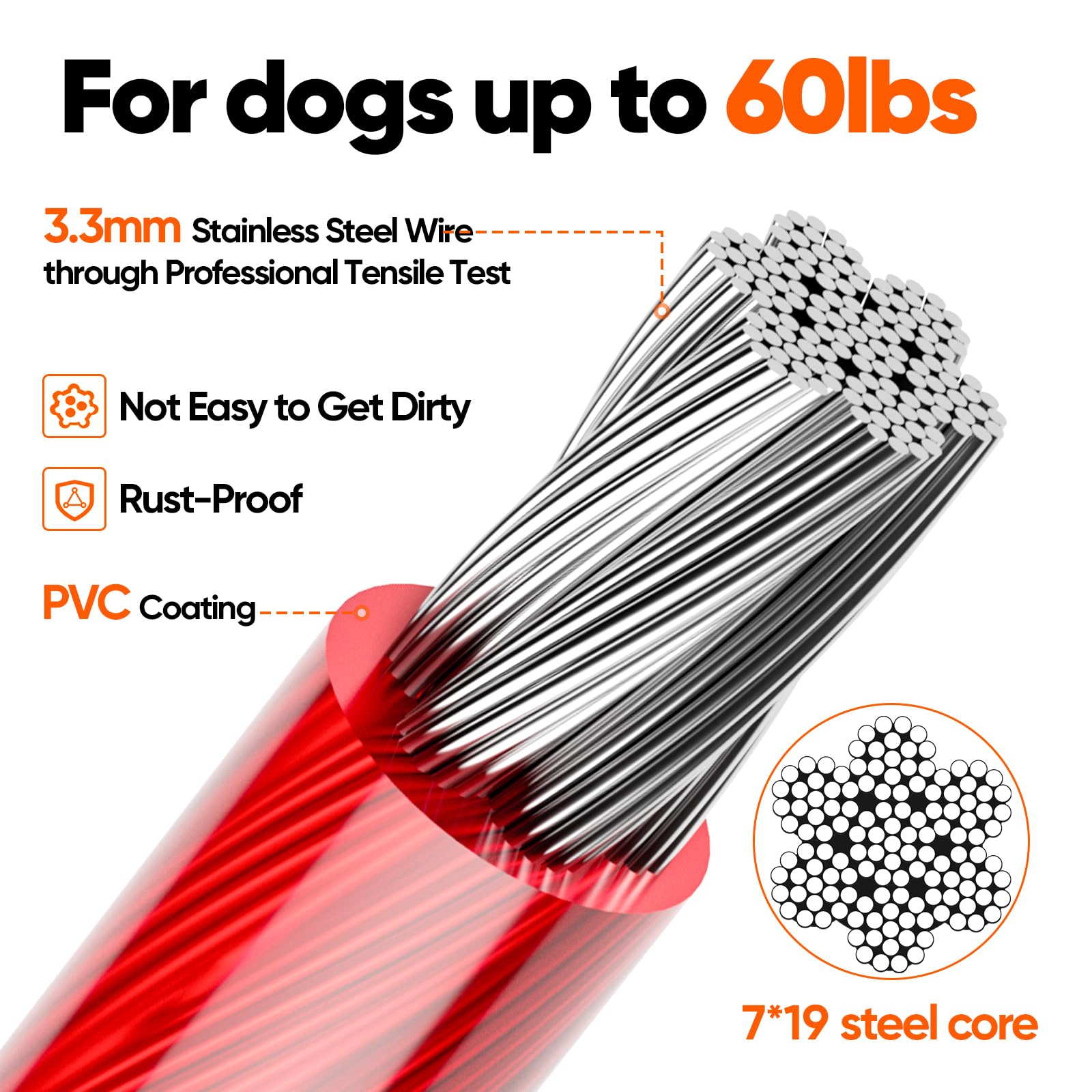 Tresbro 10Ft Red Reflective Tie Out Cable For Dogs Up To 60 Pounds, Steel Wire Lead Leash With Stainless Rotatable Buckle, Light